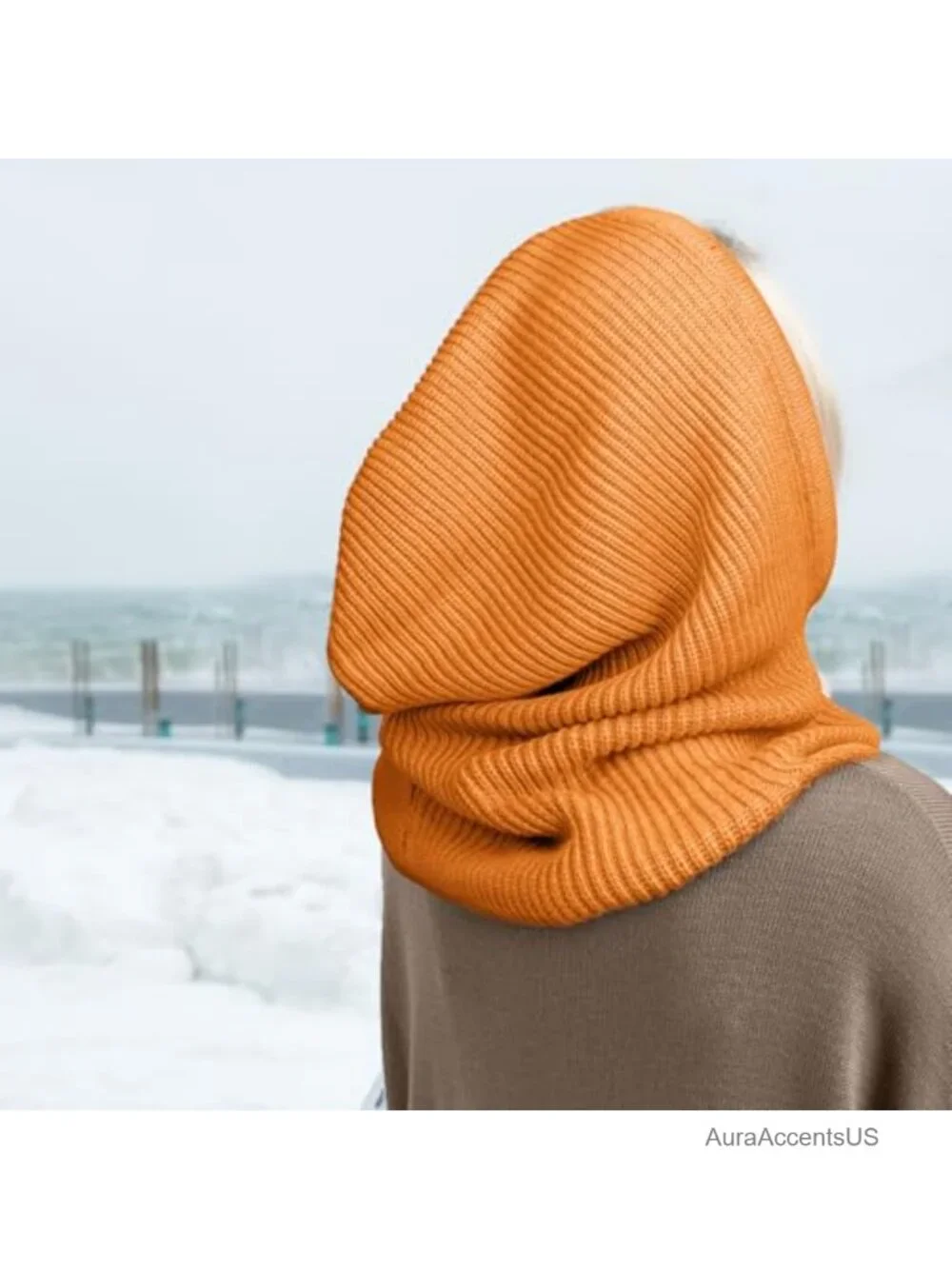 Wool Acrylic Knit Hooded Scarf Hat Balaclava with Drawstring Unisex Winter